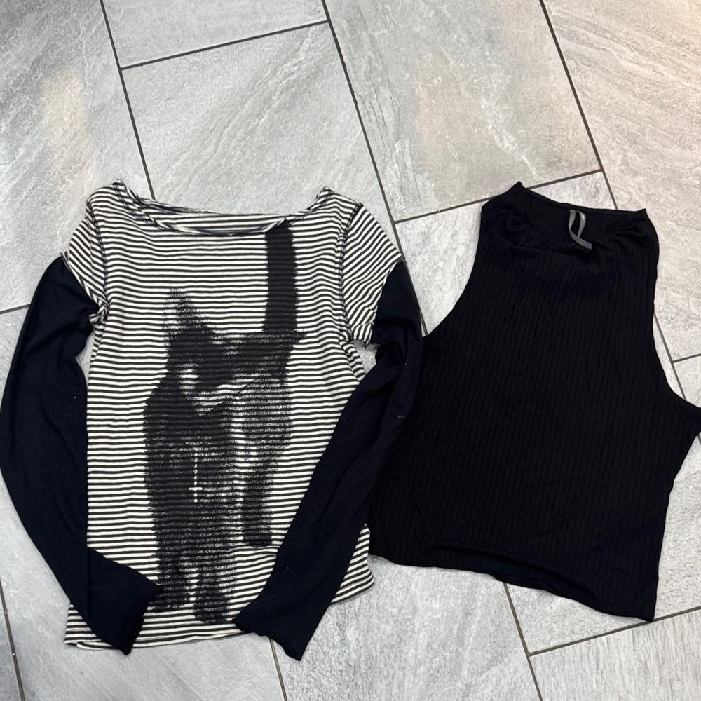 Striped Cat Print Long Sleeve (silent Noise) and Black Sleeveless Top (anthrop
